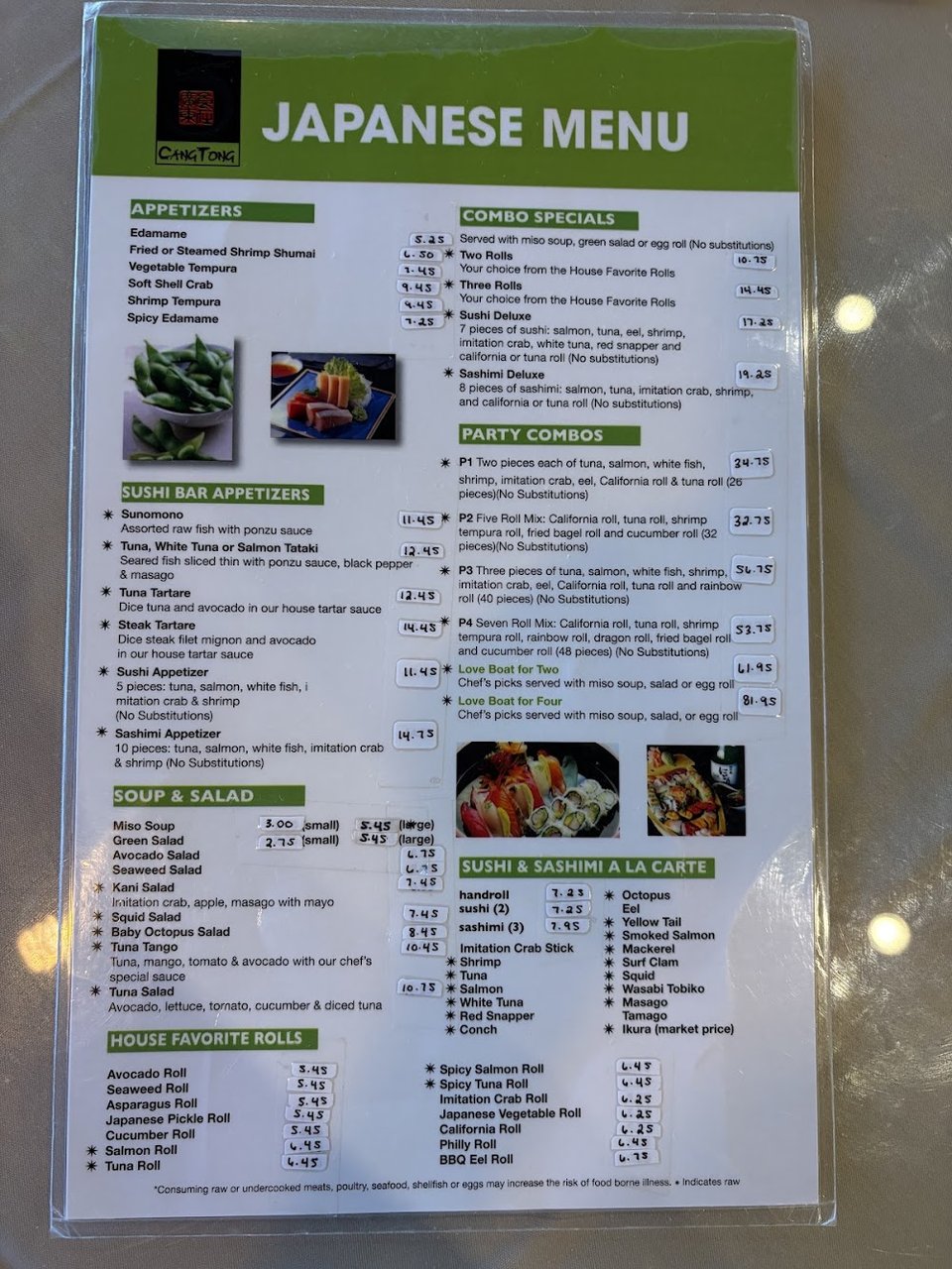 Menu page for Chinese and Japanese dishes.