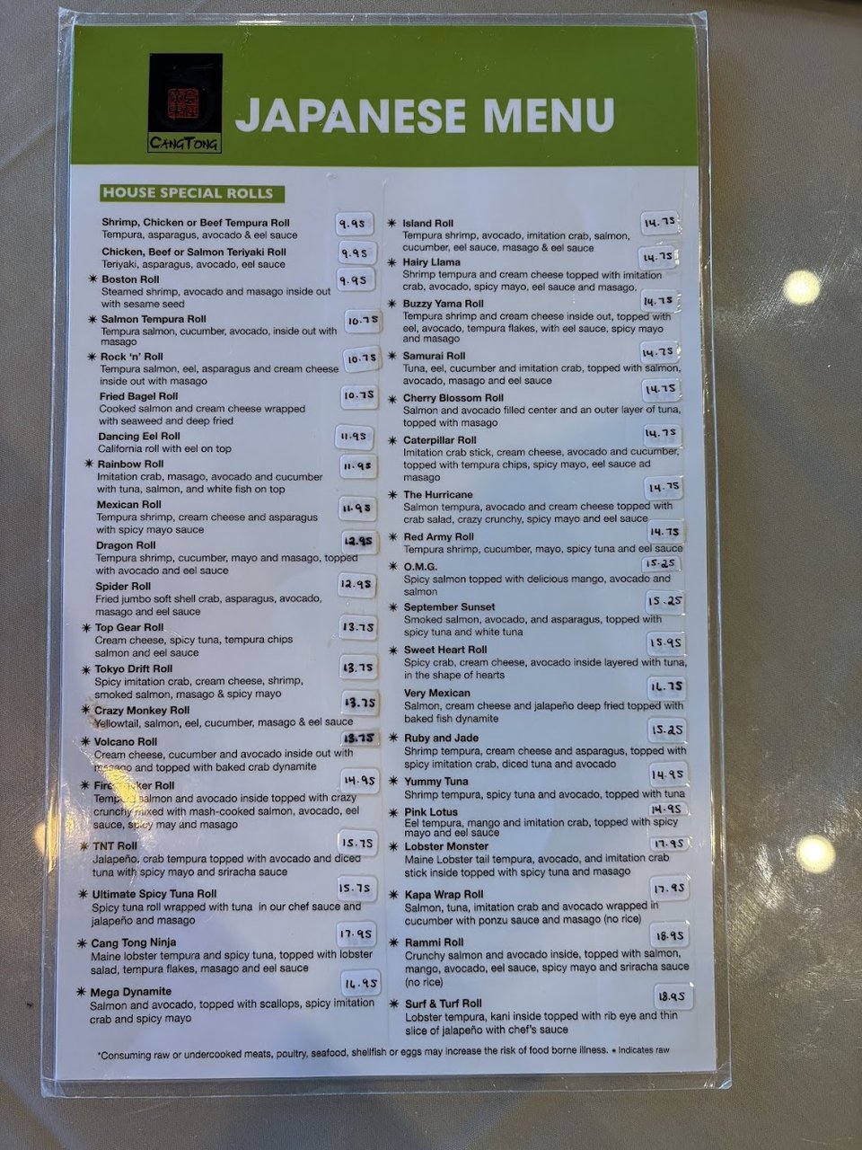Chef specials listed with beef, chicken, and seafood.