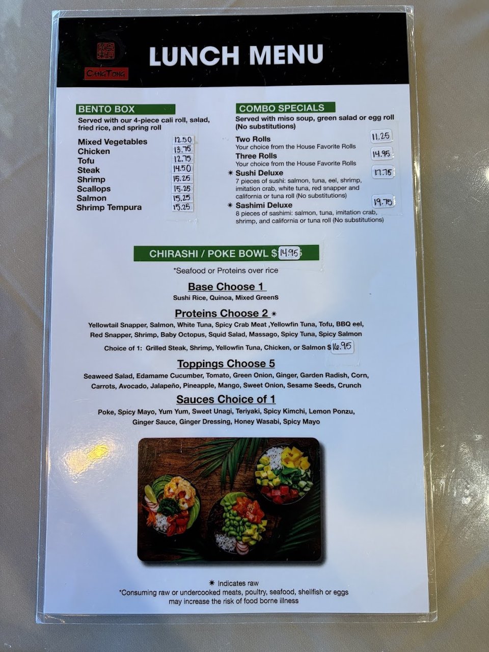 Restaurant menu featuring sushi and hibachi choices.